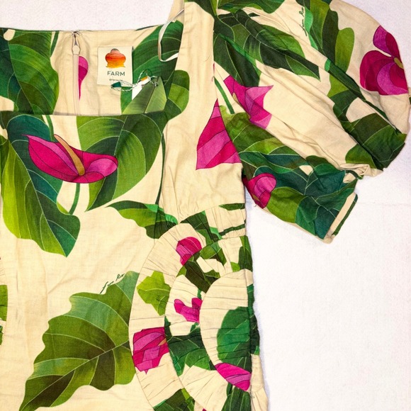 Farm Rio Anthurium Leaves Dress‎ Puff Sleeve Square Neck Linen Blend Size L - Picture 5 of 14